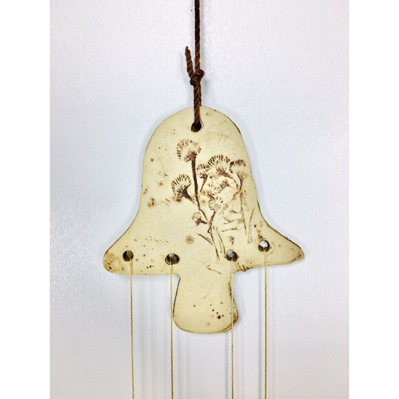 Vintage 60s 70s MCM Clay Pressed Floral Mushroom Hanging Wind Chimes - Picture 4 of 6